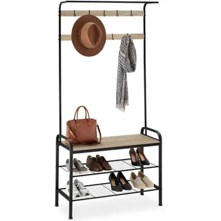 tectake® Garderobenständer Sitzbank, Garderobenleiste Haken, Wandgarderobe mit Ablage, Kleiderständer, Schuhregal, Schuhbank, offener Kleiderschrank, Flurgarderobe- Industrial Holz hell, Eiche Sonoma