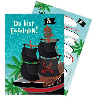 Limonia 12 Einladungskarten zum Kindergeburtstag Motto Feier Fest Einladung Set Geburtstag Mädchen Kinder Jungs Jungen Boys Teenies Unisex Piraten Schatz Abenteuer Erlebnis Piratenschiff
