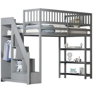 Flieks Hochbett Kinderbett 90x200cm mit Kleiderschrank, Regalen und Stauraumtreppe grau 101 cm x 245.5 cm x 159.5 cm