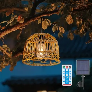 WRQIOO Solar Hängelampe Rattan, Boho Solarlampen Outdoor, Solarlampen für Außen Hängend, IP65 Wasserdichte Rattan Hängeleuchte Außen mit Fernbedienung, Dimmbar Solar Hängeleuchte Boho