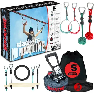 Donic Schildkröt Schildkröt 980024 - Fun Sports, Slackers Ninja Line Starter Set, 11 Meter Hangelparcour, tolles 11-teiliges Komplettset, auch als Slackline nutzbar, mit 7 Hindernissen