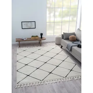 Hochflor-Teppich "Moroccan Square", schwarz-weiß (weiß, schwarz), B:100cm H:24mm L:200cm, Polyester, Polypropylen (PP), MYFLAIR MÖBEL & ACCESSOIRES, Teppiche, modernes Rauten Design, weich, mit Fransen, auch in rund