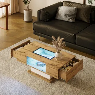 BTM Couchtisch, Wohnzimmertisch mit farbwechselndem LED-Licht, mit Glas, Beistelltisch mit Zwei Schubladen, 110x40x 60 H cm