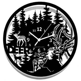 Instant Karma Clocks Wanduhr Deer Hirsch Wald Tiere Jäger Ø30cm, Schwarz, Holz