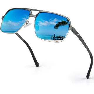 Bircenpro Polarisierte Sonnenbrille for Herren klassische - 100% UV Schutz Retro Schwarz Sonnenbrillen Polarisiert for Männer zum Fahren und Angeln (C-Gunmetal Frame Blue Lens) - L
