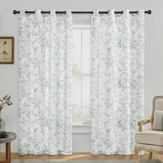 Beauoop Boho-Vorhänge, halbtransparent, Blumenmuster, 213 cm Länge für Wohnzimmer, Schlafzimmer, Bauernhaus, botanische Rose, bedruckt, rustikale Leinwand-Vorhänge, Ösenoberseite, 127 cm breit, Grau