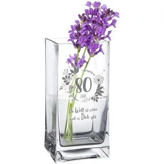 Casa Vivente Vase zum 80. Geburtstag mit süßer Gravur, Eckige Glasvase mit Alter und Spruch als Geburtstagsgeschenk für Frauen, Blumenvase für Moderne Deko