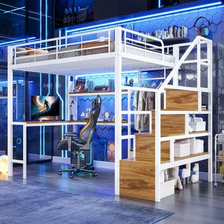 BTM Gaming Hochbett mit Schreibtisch und LED-Lichtleiste Hochbett Jugendliche 140x200 mit Treppe und Stauraum, Weiß