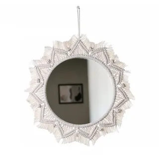 ISAKEN Makramee Hängender Wandspiegel Runden Boho Spiegel Klein Wandbehang Vintage Wandbehang Feder Anhänger Deko für Wohnung Home Schlafzimmer Wohnzimmer