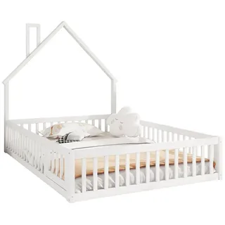 OKWISH Kinderbett Minimalistisches Hausbett für Kinder, Jugendbett Gästebett Doppelbett (mit Schornsteinform und Lattenrost, aus Kiefernholz, 140x190 cm), ohne Matratze weiß