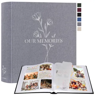 Lanpn Fotoalbum zum Selbstgestalten Einkleben, Großes OUR MEMORIES Leinen Fotobuch 160 weißen Seiten mit Pergamin Trennblätter Fasst 9x13 10x15 13x18cm Fotos (30x33,5 cm, Grau)