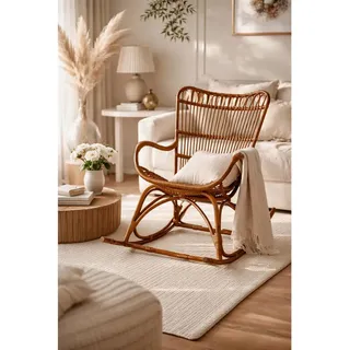 Mid.you Schaukelstuhl, Braun, Holz, Rattan, massiv, Uni, 65x96x122 cm, Schaukelfunktion, Relaxfunktion, inklusive Armlehnen, Wohnzimmer, Sessel, Schaukelstühle