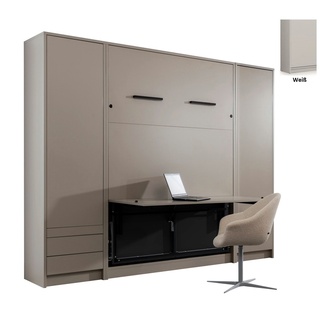 QMM TraumMöbel Schrankbett Wandbett GN 140x200 mit Schreibtisch & 2 Schränken (Set) vertikal klappbar weiß