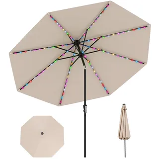 COSTWAY Sonnenschirm 300 cm mit LED-Solar-Beleuchtung, 9 Beleuchtungsmodi, Gartenschirm mit Kurbel, beidseitig um 35° knickbar, Terrassenschirm, Marktschirm für Garten, Balkon, Terrasse (Beige)