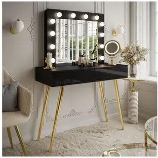 ALLHOUSE24 Schminktisch NOEL Kosmetiktisch Hochglanz/ matt GOLD Beine Spiegel Beleuchtung (1x Konsolentisch, 1 x Spiegel mit 12 LED Lampen), Breite 100 cm schwarz