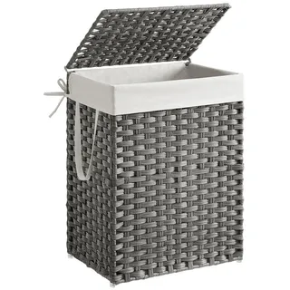 SONGMICS Wäschekorb Wäschebox aus synthetischem Rattan, herausnehmbarer Wäschesack, 90 Liter, handgeflochten, mit Deckel und Griffen, faltbar, 46x33x60 cm grau 90 l | 46 cm x 60 cm x 33 cm