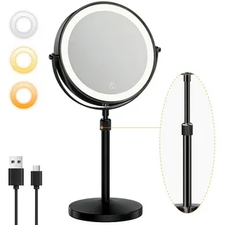 skelo Kosmetikspiegel Schminkspiegel mit Beleuchtung, 10-fach Vergrößerung, Höhenverstellbar (1-St., Kosmetikspiegel mit Standfuß, Standspiegel doppelseitig), 2000mAh, 10X Vergrößerung, Höhenverstellung 39-49 cm, 3 Farbtemperatur schwarz