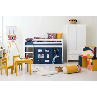 Hochbett HOPPEKIDS "ECO Dream, Kinderbett, Spielbett, Halbhohes Bett aus Massivholz", blau (weiß, creator blau), B:81cm H:105cm L:168cm, Kinderbett: 100% Massivholz: Nordische Kiefer, Vorhang: 100% Baumwolle, Hochbetten, Hochbett Kinderbett, inkl. Vorhang-Set Creator, Bettgröße & Matratze wählbar