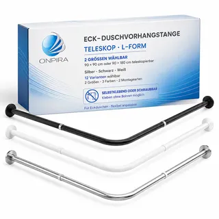 Onpira® Eck-Duschvorhangstange Teleskop L-Form 90–180 cm – Edelstahl, selbstklebend oder schraubbar – Ohne Bohren – In Silber, Schwarz, Weiß – 12 Varianten wählbar (Selbstklebend Weiß, 90x180cm)