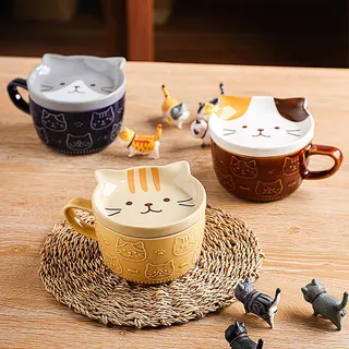 Accmuzzy Katzentasse mit Deckel,Tasse Katze für Katzenliebhaber,Lustige Neuheit Katze Frühstück Tassen für Frauen Freunde Kinder Weihnachten Geburtstag Geschenk,300ML (gelb)