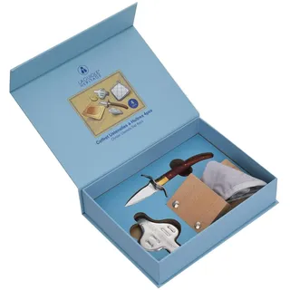 LAGUIOLE HERITAGE - Austern-Set - 4 Zubehörteile - Austernmesser, Zitronenpresse, Austernblock, Topflappen - Edelstahl, Palisanderholz - Geschenkbox, blau