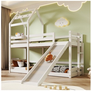 Flieks Etagenbett, Kinderbett Hausbett Hochbett mit Rutsche und Leiter 90x200cm weiß