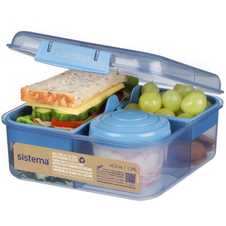 Sistema Ocean Bound Kunststoff-Bento-Box, Würfel, 1,25 l, quadratische Lunchbox mit Joghurt-/Obst-Topf, BPA-frei, aus recyceltem Kunststoff, Blaugrün oder Blau (Farbe nicht wählbar) | 1 Stück