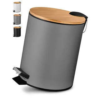 VMbathrooms 5L Kosmetikeimer in edlem grauem Design | Tretmülleimer mit Absenkautomatik (Soft Close) | Eleganter Eimer fürs Bad mit Innenbehälter und Bambus-Holzdeckel