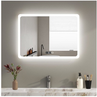WDWRITTI Badspiegel Led 80x60 mit uhr Spiegel mit beleuchtung Warmweiß Neutral Kaltweiß (Wandspiegel Badezimmer Touch Wandschalter, Helligkeit dimmbar), Energiesparend, IP44