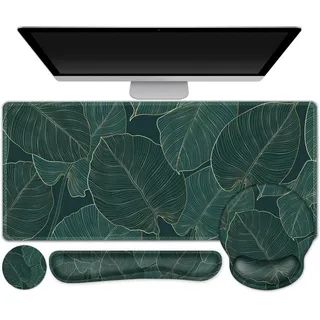 4-in-1 Mauspad Set mit Gelkissen, Handballenauflage, Untersetzer und großem Mousepad, ergonomisches Design, grünes Blatt