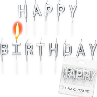 13-teiliges Kerzen Set * Happy Birthday * mit Steckfuß | ca. 26cm x 8cm groß | Gold Silber Rosegold Deko Geburtstag Geburtstagskerze, Farbe: Silber