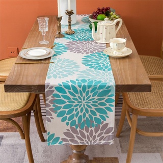 Tischläufer Modern Wohnzimmer Türkis Grau Dahlie Blumen Pflanzen Tischläufer Frühling Leinen Tischdecke Sommer 33x183cm Tischläufer Boho Vintage Dekoration für Küche Esstisch Drinnen und Draußen