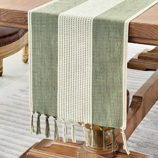 Lntyq 120 Cm Langer Tischläufer Aus Makramee-baumwolle Und Leinen Mit Handgefertigten Quasten, Tischläufer Im Landhausstil Für Cafés, Partys Und Den Täglichen Gebrauch (salbeigrün, 33 X 120 Cm)