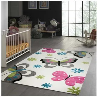 TeppichHome24 Kinderteppich Kinderteppich Schmetterling Design Creme Pink Grau Grün Blau, rechteckig, Höhe: 13 mm blau|grau|grün|weiß rechteckig | 200 cm x 290 cm x 13 mm