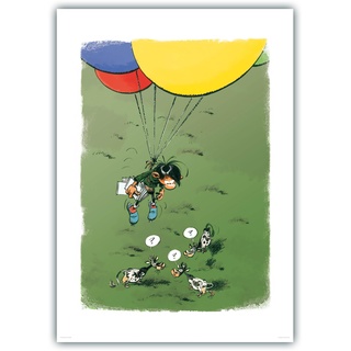 Wandbild 49 x 69 cm Gaston Lagaffe Franquin Luftballons Heißluftballon Kühe Poster zum Rahmen, Dekoration für Zuhause, Schlafzimmer, Büro, Bibliothek, Geschenk zum Geburtstag oder Ruhestand Kollegen