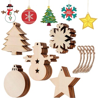 Johiux 50 Stück Holz Weihnachtsschmuck, DIY Christbaumschmuck Weihnachtsschmuck,Weihnachten basteln holzscheiben, Weihnachtsbaum, Holzstern, Runde Scheibe, Schneeflocke, Schneemann.