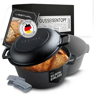 Liebthal Brotbackform aus Gusseisen - mit Deckel, eingebrannt, Silikoneinlage, 4,6 L, Silikongriffe, für alle Herdarten schwarz