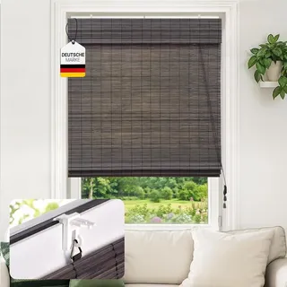 Bambus-Raffrollo, Klemmfix, 150 x 160 cm, dunkelbraun für Fenster & Türen Sicht- & Sonnenschutz, stufenlos mit Zugschnur, ohne bohren, natürlich... - Schwarz