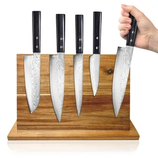 TOPANBIETER 999 Magnetischer Messerblock aus Akazienholz - Doppelseitig nutzbar, Kochbuchhalter & Memoboard - Ohne Messer - Messerhalter Holz, 31x 22 cm, auch als Magnettafel für Notizen & Postkarten