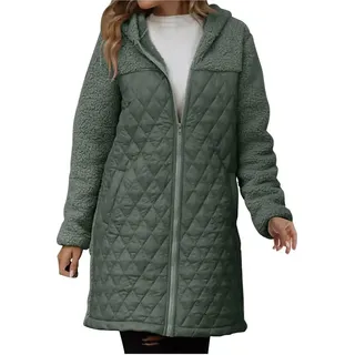 ASKSA Damen Mantel Winter Fleecejacke Lang Warm Wintermantel Daunenmantel Patchwork Winterjacke Waermemantel mit Kapuze (Armeegruen,XL) - Grün - XL
