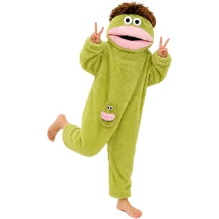 JUNLEBUYI Grünes Monster Onesie für Erwachsene, lustiger Hoodie aus Fleece, Big Mouth Monster Kostüm, kuscheliger Schlafanzug mit Taschen, Unisex Overall für Zuhause, Halloween & Karneval - L