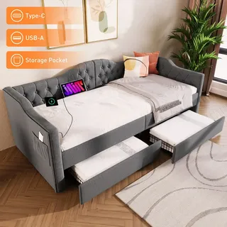 Sweiko Polsterbett Daybett Schlafsofa Stauraumbetten Bettgestell mit USB Type C Ladefunktion und 2 Schubladen 90x200cm in Grau Linen (Ohne Matratze) - Grau