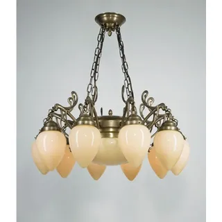 Licht-Erlebnisse Pendelleuchte D231, ohne Leuchtmittel, Messing Glas E27 H: max. 84 cm in Berliner Elfenbein Jugendstil bunt