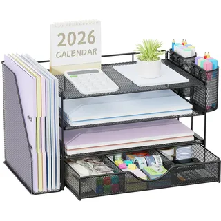 Pygocereri Schreibtisch Organizer mit Aktenhalter, 4 Ebenen Büro Organizer mit Schublade und 2 Stifthaltern, Mesh Papierablage mit Zeitschriftenhalter, Schreibtisch Ablage für Bürobedarf (Schwarz)