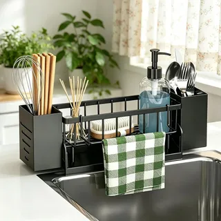 Schwammhalter Spülbecken für Küche und Badezimmer - Ohne Bohren (Schwarz) | Spülbecken Organizer Kitchen Schwammhalter Hängend, Küchen Spüle Sink Organizer mit Spültuchhalter und Aufbewahrungsbox,