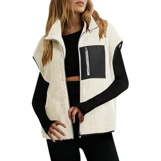 Dyhxuan Fleece Weste Damen Reißverschluss Fleeceweste Farbblock Ärmellose Fleecejacke Warme Teddyjacke für Herbst Winter Sport Style Übergangsjacke Loose Modisches Plüschjacke - S