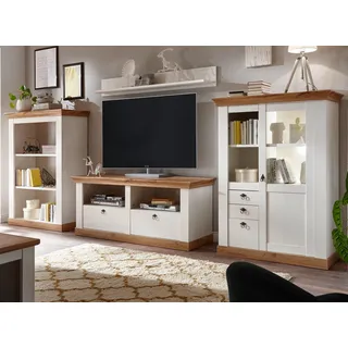 furn.design WOHNWAND weiß Pinie, Eiche 4-teilig 376 cm, Schrankwand im Landhaus-Stil