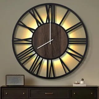 Maxstar 80CM Große Wanduhr Für Wohnzimmer, Batteriebetrieben,Still, Nicht Tickend, Holzstil, Moderne LED-Wanduhr Für Schlafzimmer, Garage, Büro, Esszimmer, Küchendekor (Römische Ziffern, Schwarz-32)