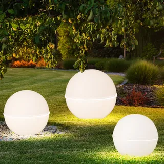 Gartendeko Erdspieß Gartenlampe Kugellampe Stecklampe Terrassenlampe Kugelleuchte Außenlampe, 5m Kabel + Stecker, Kunststoff weiß schwarz, E27, D 20 cm, 30 cm, 40 cm, 3er Set