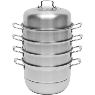 Mqwdxzfes 5-Etagen Edelstahl Dampfgarer 32cm, Dampfgarer Topf mit Glasdeckel & Griff, Klappbarer Kochtopf Großvolumen Multifunktions Dampfkocher Stapelbarer Steamer für Gasöfen Elektrothermische